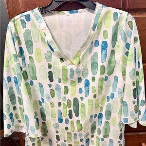 V-Neck Watercolor Dot Print Blouse - Green/Blue